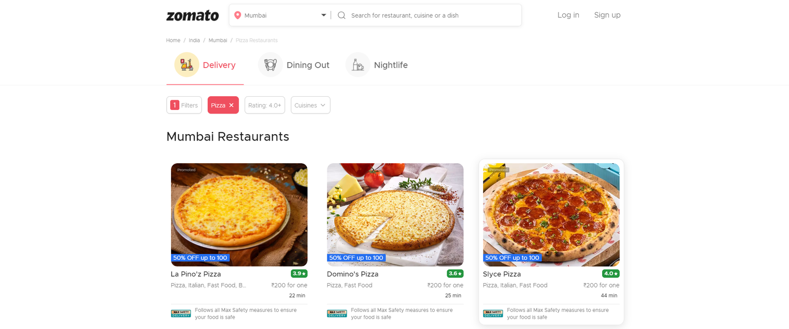 Zomato O2 Homepage